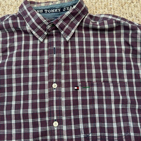 Tommy Jeans Mens XL‎ Shirt Red White Blue Button Front LS Denim Accent Hilfiger - Picture 4 of 9